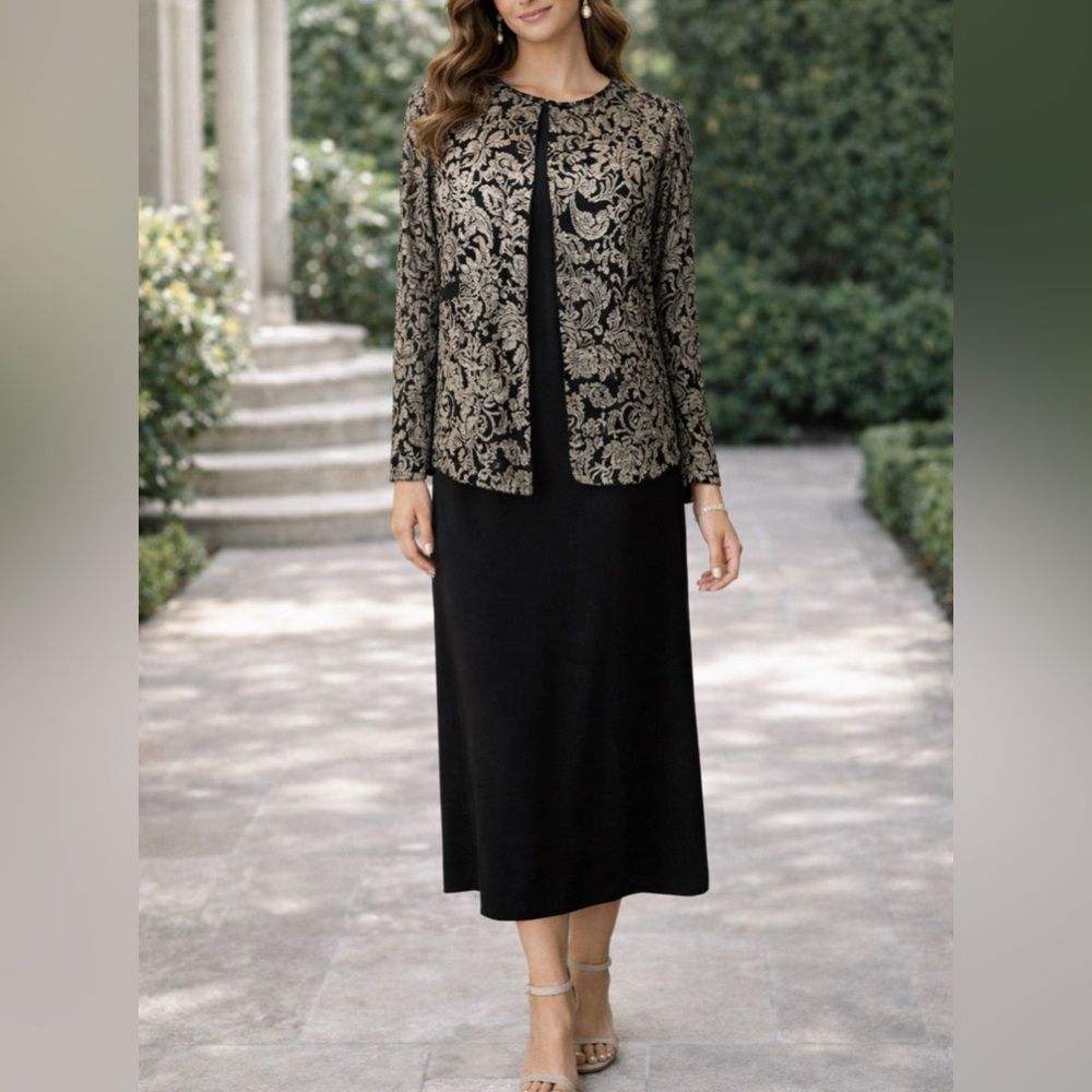 Marina M Jacket & Midi Slip Dress Stretch Black Gold Cruise Party Wedding NEW